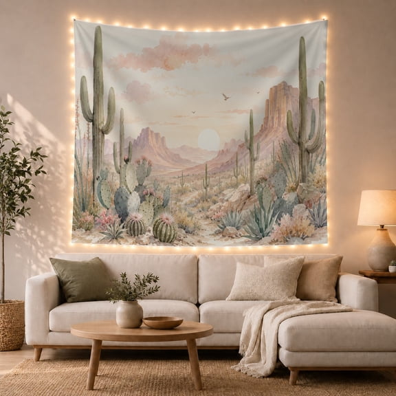 Desert Sunrise Sunset with Densely Populated Desert Flora, Mystical Fantasy for Space Lovers, Galaxy Room Decor, Housewarming Gift, Tapestry Wall Hanging for Bedroom and Dorm