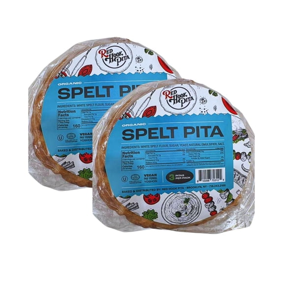 Kosher Red Hook Organic Spelt Pita Bread — Vegan, Mediterranean Style, 3 pitas per bag, Pack of 2