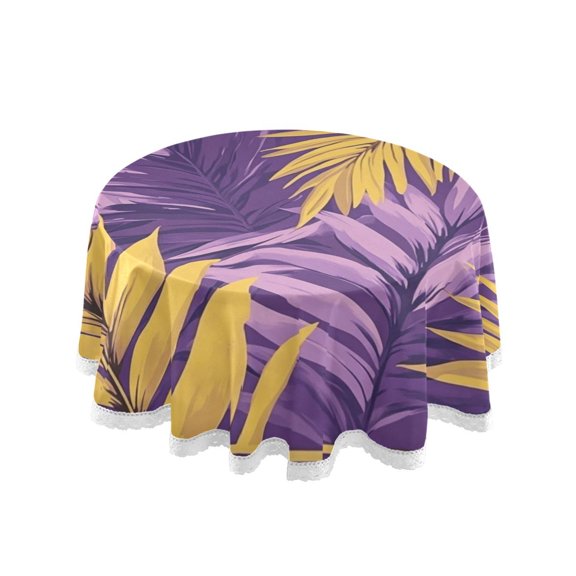 Round Single Sided Printed Tablecloth, 60 Inch Polyester Round Table Cover with White Lace Trim, Wrinkle Resistant Decorative Table Cloth for Home Super Cool Purple Leaf