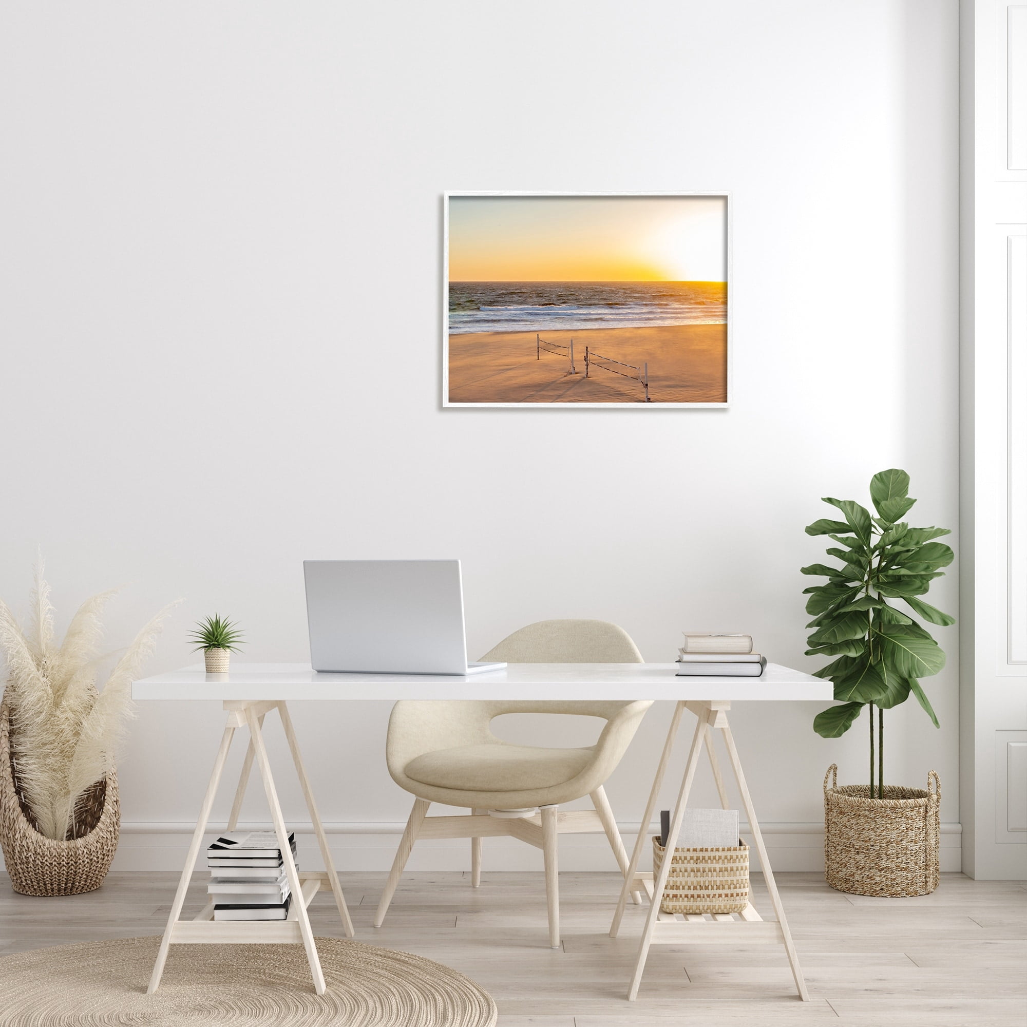 Stupell Industries Radiant Sunset Beach Volleyball Nets Ocean Shoreline Photograph White Framed Art Print Wall Art, Design by Jeff Poe Photography