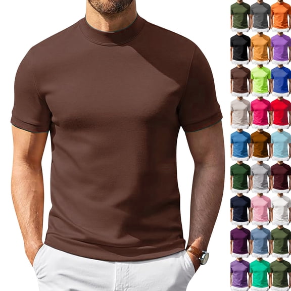 Mens Mock Turtleneck Shirts Short Sleeve Casual Basic T-Shirts Ribbed Solid Pullover Tops (Brown,S)