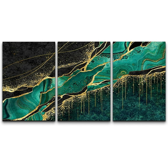 wall26 Canvas Print Wall Art Set Gold Teal Dark Granite Marble Landscape Abstract Shapes Illustrations Modern Art Decorative Boho Colorful for Living Room, Bedroom, Office - 16"x24"x3 Panel