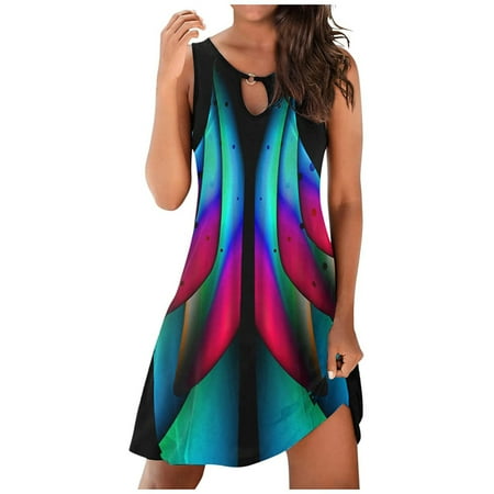 

Juebong Women s Fashion Sexy Vintage O-Neck Sleeveless Hollow Out Printed Print Mini Dresses