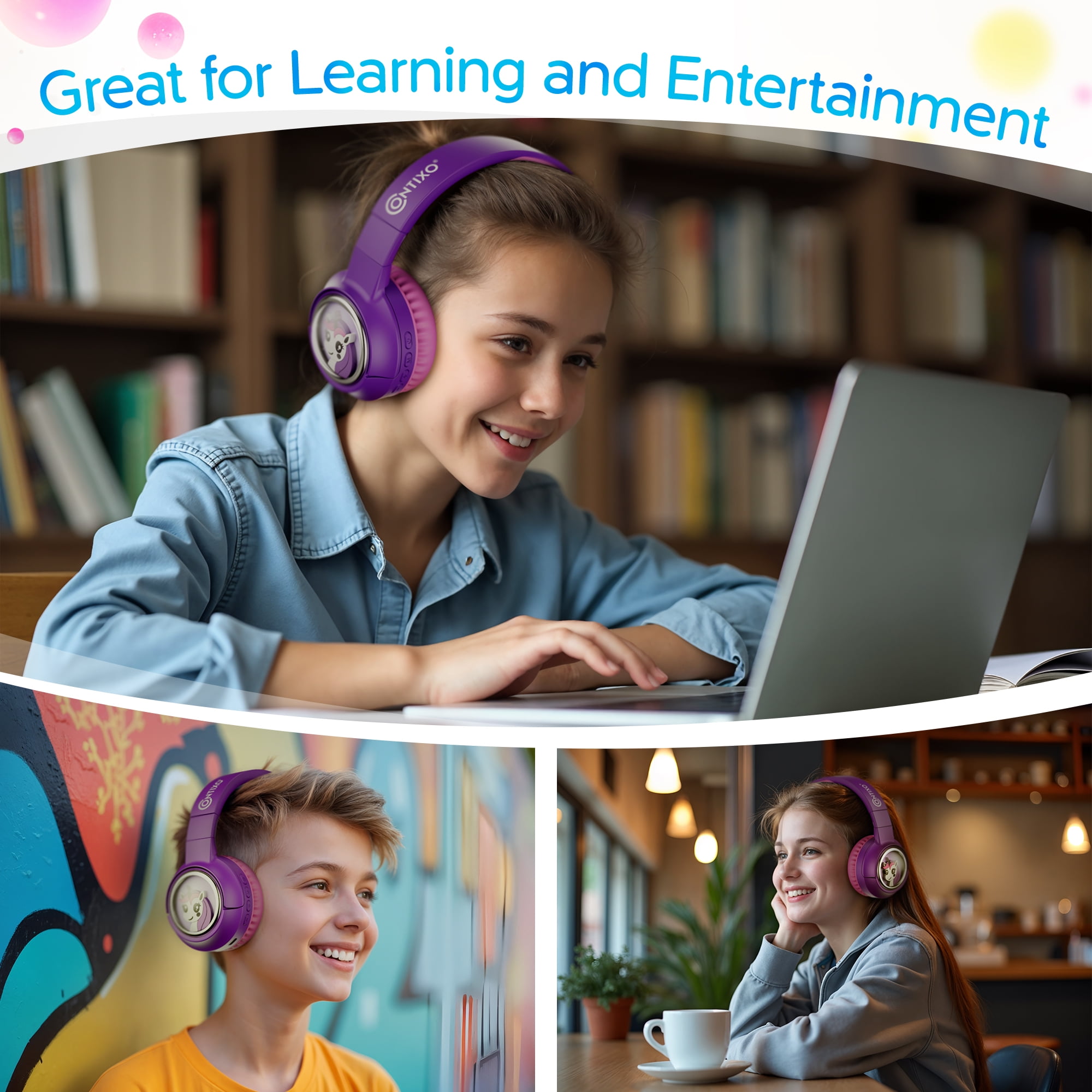 Contixo Foldable Kids Headphones with Microphone, Noise-Limiting Bluetooth Headphones, Purple