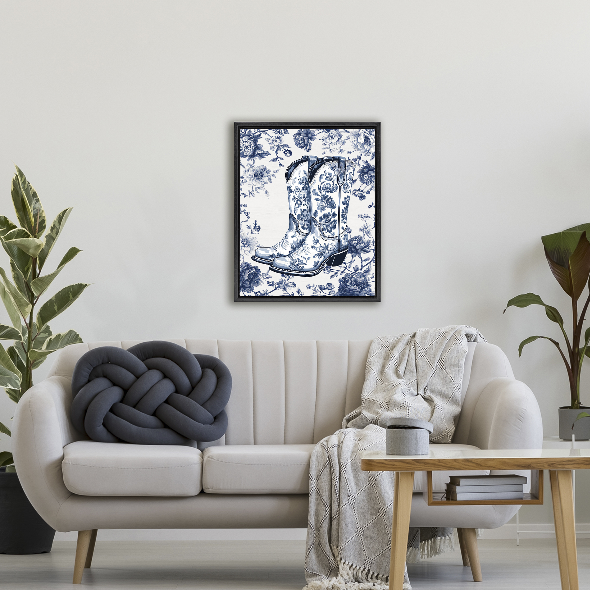 Blue Spring Florals & Boots Black Framed Floater Canvas Wall Art, design by Lettered and Lined