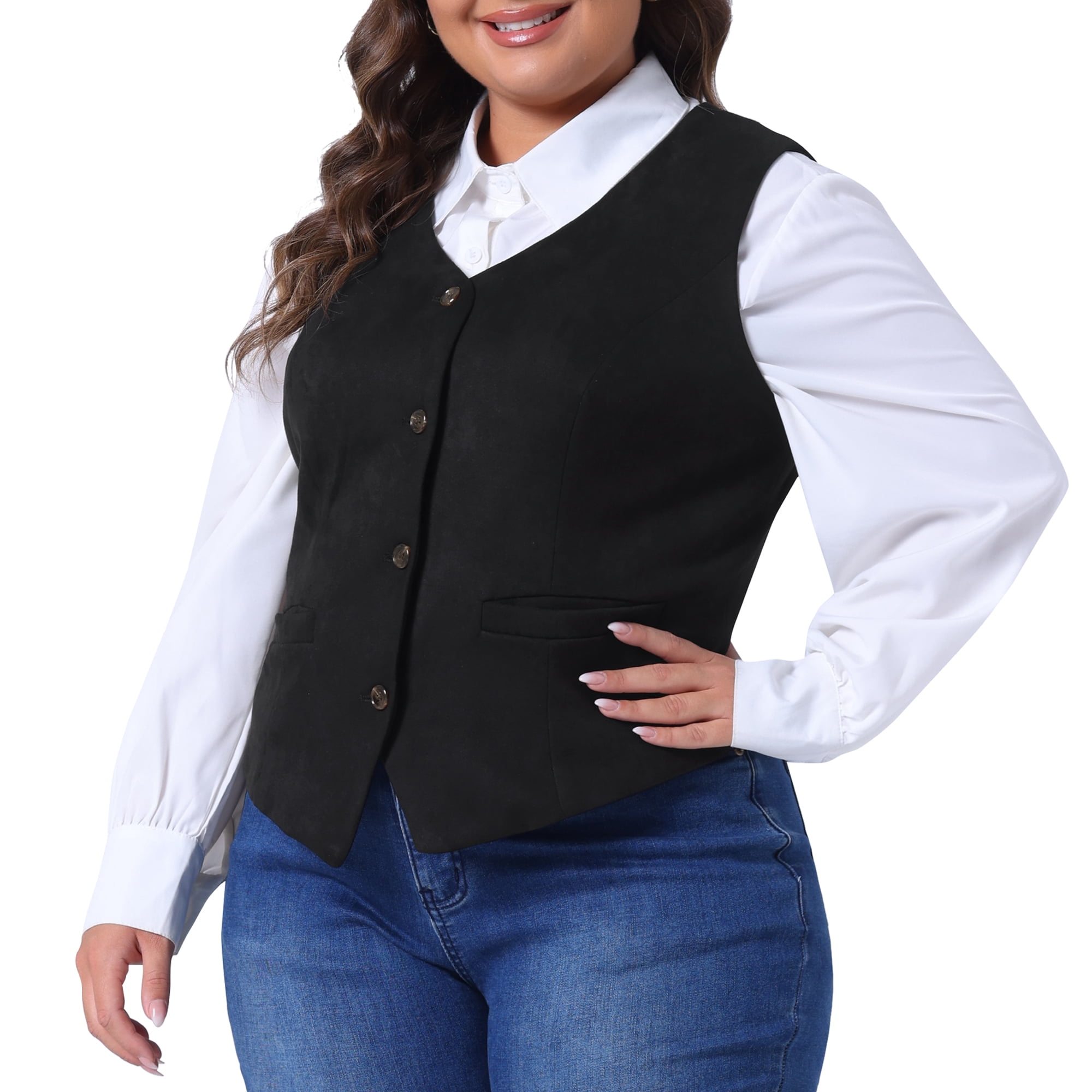 DARING DIVA Women's Plus Size Fully Lined 4 Button V-Neck Dressy Suit Vest 1X Black