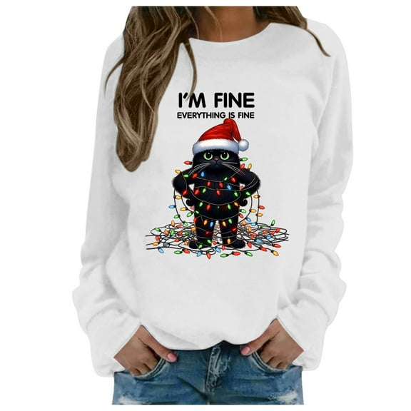 Wang6 Christmas Graphic Sweatshirts for Women Trendy Long Sleeve I Am Fine Cat Printed Hoodless Pullovers Causal Xmas White Loose Fit Crew Neck Tops White XL