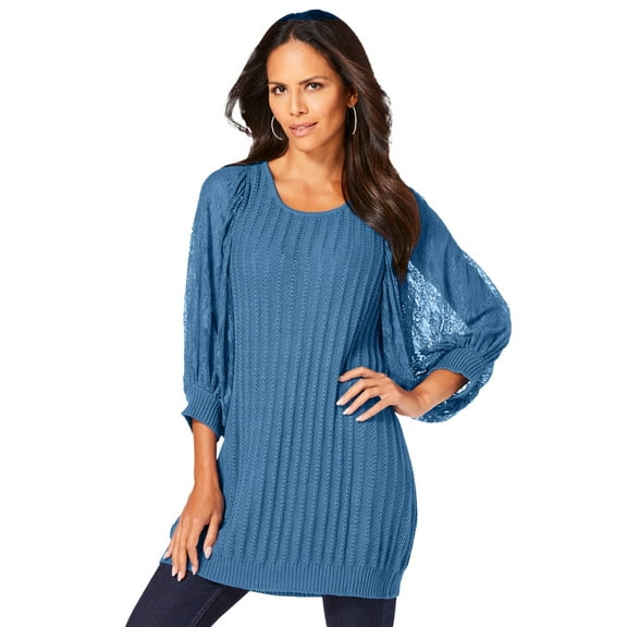 Roaman's Women's Plus Size Lace Sleeve Sweater