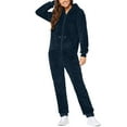 thumbnail image 3 of BiZtdJrK Womens Zipper Fuzzy Pajama Jumpsuit with Drawstring Hood Winter Warm Fleece One Piece Sleep Pants Casual Loose Pocket Loungewear, Navy, XXL, 3 of 7