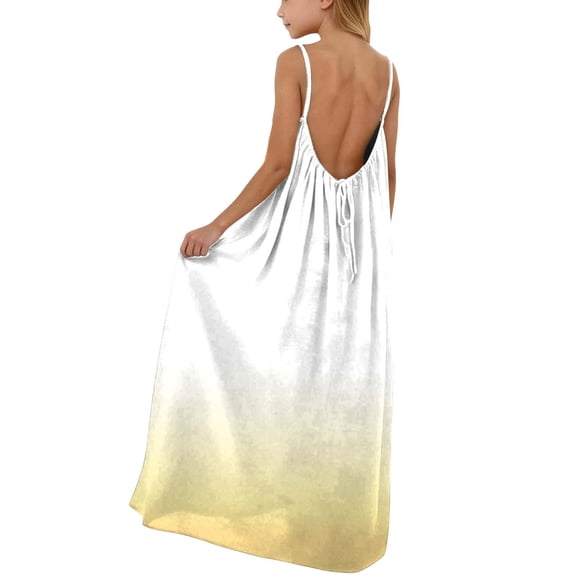 Fesfesfes Girls Fashion Cute Stripe Print Back Drawstring Loose Suspender Long Dress for Kids and Teens Elegant Party Wear Comfortable Casual Outfit(Yellow#2,9-10 Years)