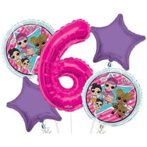 LOL Round Balloon Bouquet 5 pc, 6th Birthday, Hot Pink Number 6 Jumbo Balloon