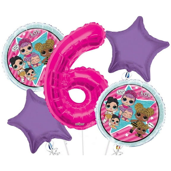 LOL Round Balloon Bouquet 5 pc, 6th Birthday, Hot Pink Number 6 Jumbo Balloon