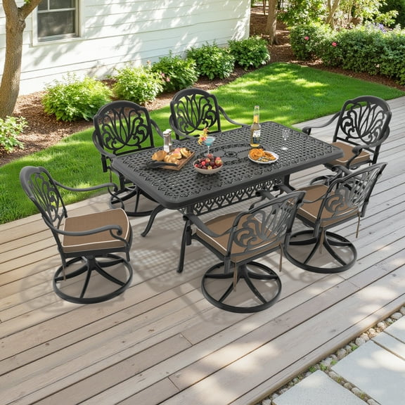 Hzzkey 7-Piece Rectangle Cast Aluminum Patio Set with Swivel Chairs, Cushions,and Umbrella Hole