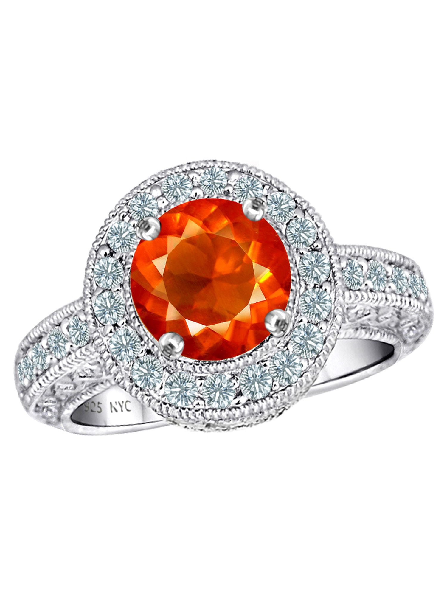 Round Mexican Orange Fire Opal Genuine Sterling Silver Engagement Ring Set 