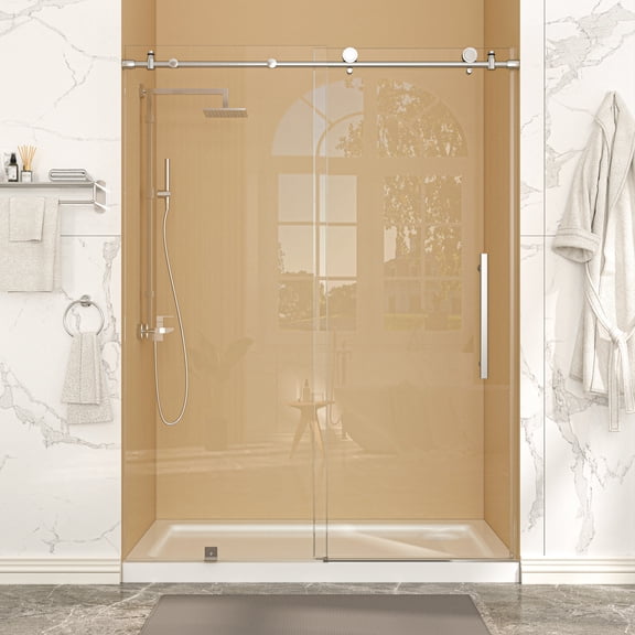 56"-60"W x 74"H Frameless Single Sliding Shower Door, 3/8" (10mm) Clear SGCC Tempered Glass with Explosion-Proof Film, Stainless Steel Hardware, Silver Finish