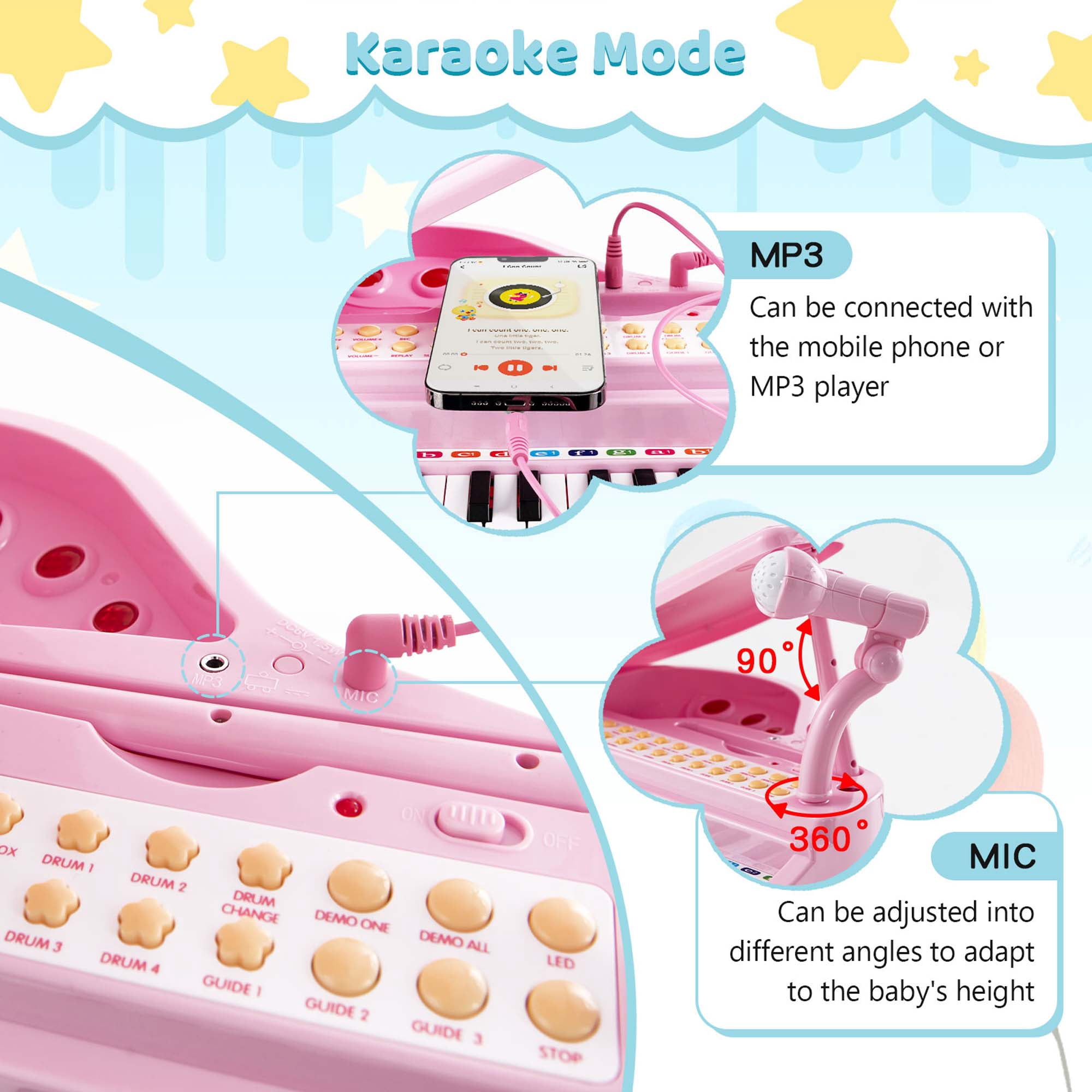 Costway 31 Keys Kids Piano Keyboard Toy Toddler Musical Instrument with Stool & Microphone Pink