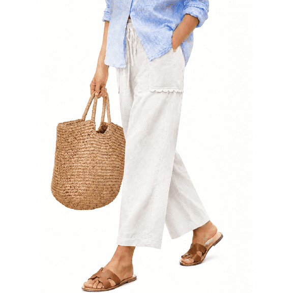 DOKOTOO Womens Casual Elastic Waist Drawstring Pants Lightweight Lace Straight Leg Pants Trousers with Pockets