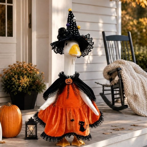 Cififendec Halloween Porch Goose Costume Outfit, Spooky Witch Hat Cape Lace Velvet Dress Set for 23" Porch Goose Statue Dressing, 18.11"×11.81"