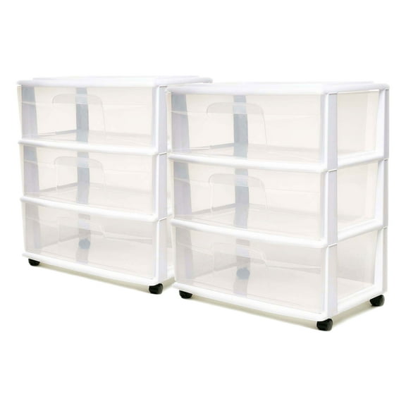 Homz Plastic 3 Clear Drawer Small Rolling Storage Tower, White, 2 Pack