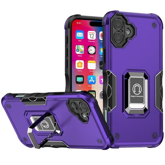 TJS for iPhone 16 Phone Case, [Military Grade] Heavy Duty Magnetic Support Ring Kickstand Cover (Purple)