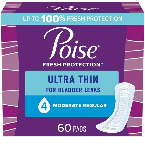 Poise Ultra Thin Incontinence Pads for Women, 4 Drop, Moderate Absorbency, Regular, 60Ct