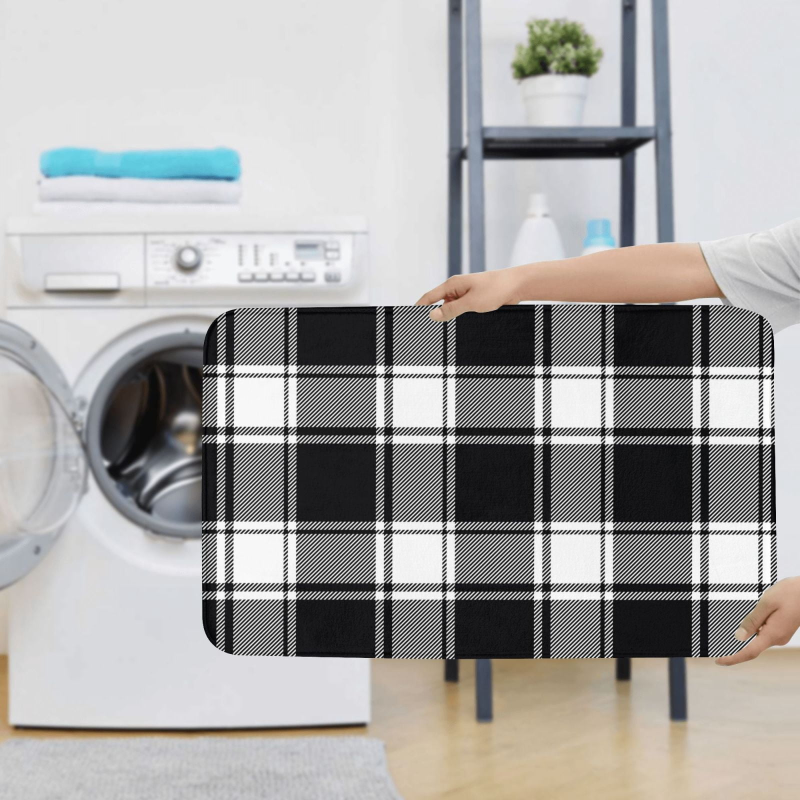 Bathroom Rugs Sets 3 Piece - Buffalo check plaid white black Absorbent Non Slip Bath Mats, U-Shape Toilet Lid Cover, Contour Mat, Soft Washable Shower Mats Bath Rug Mat for Bathroom Tub Toilet