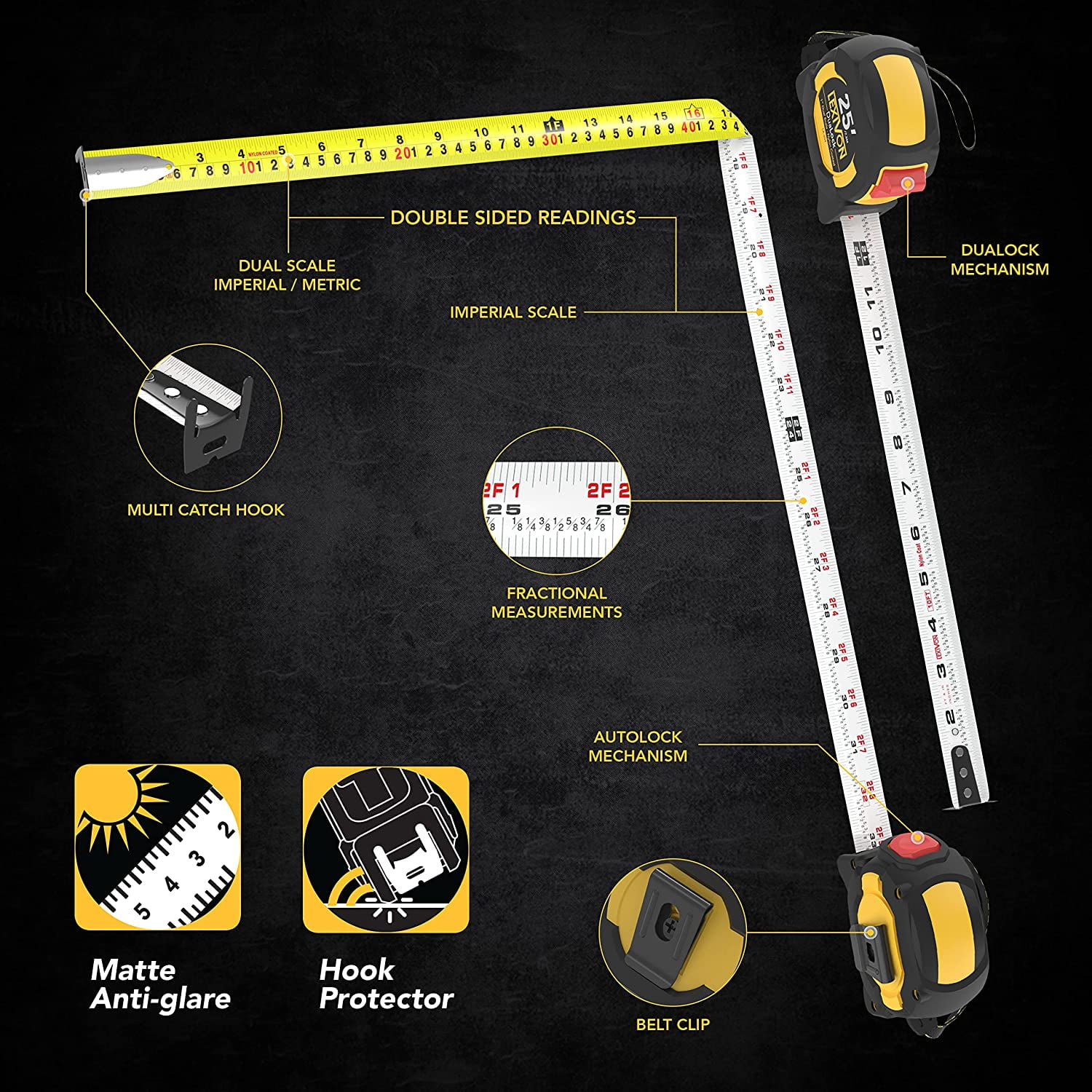 LEXIVON 4-Pack 25ft Tape Measure, AutoLock, 1-Inch Blade (LX-204X2)