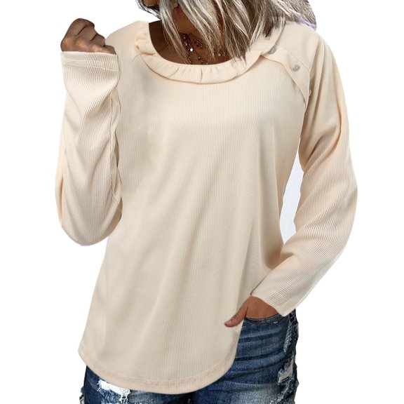 Xutthjh Women Sweaters Casual Long Sleeve Crew Neck Ruffle Knitted Pullover Sweater Tops Knitwear