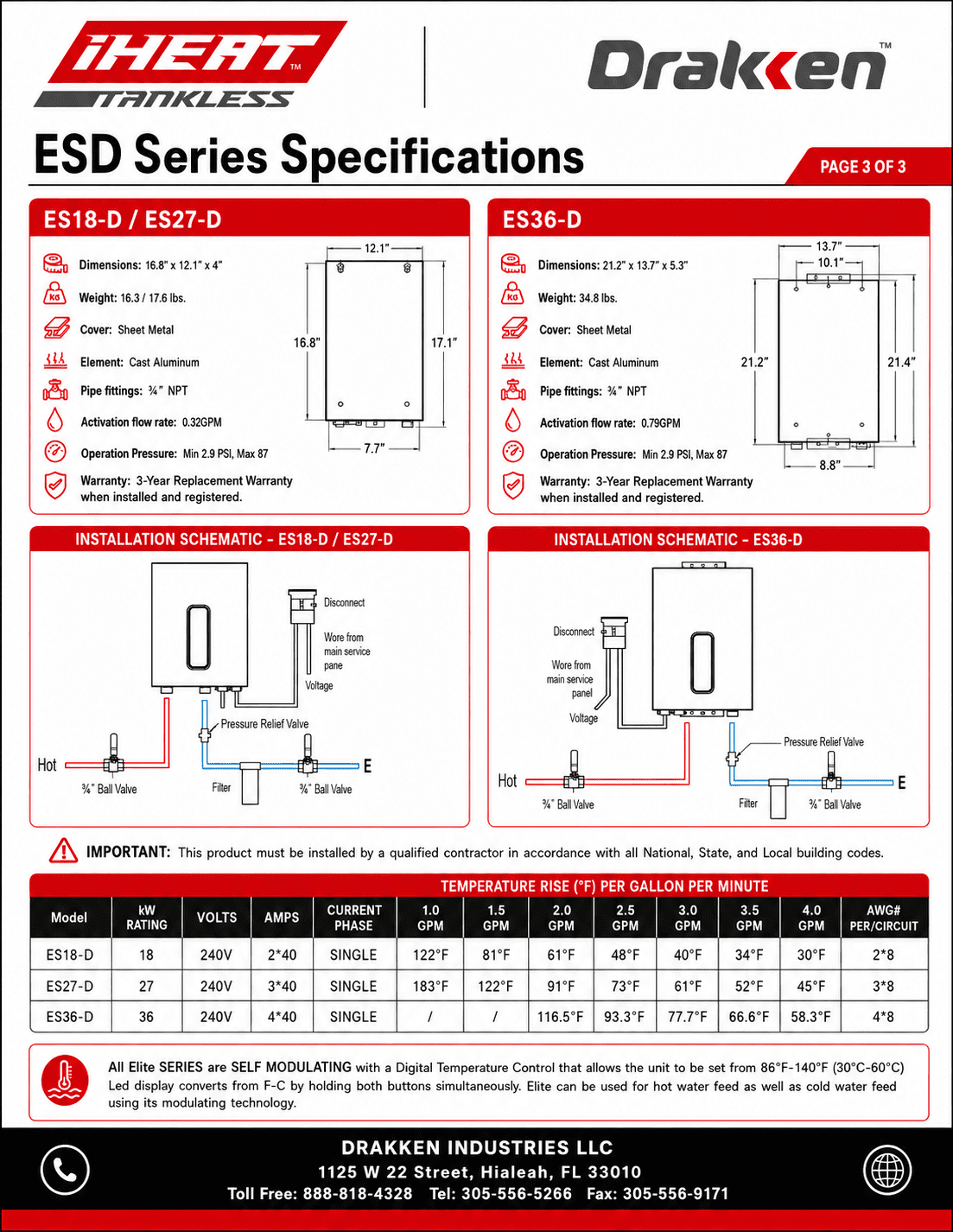 Drakken Elite Series ES18-D Residential 18KW Electric Water Heater