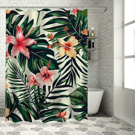 Orinice  Tropical Dark Green Leaves Shower Curtain with Hooks Palm Trees and Flowers Bird of Paradise Fabric Shower Curtain Decorative Polyester for Bathrooms Bathtubs Farmhouse 36x72