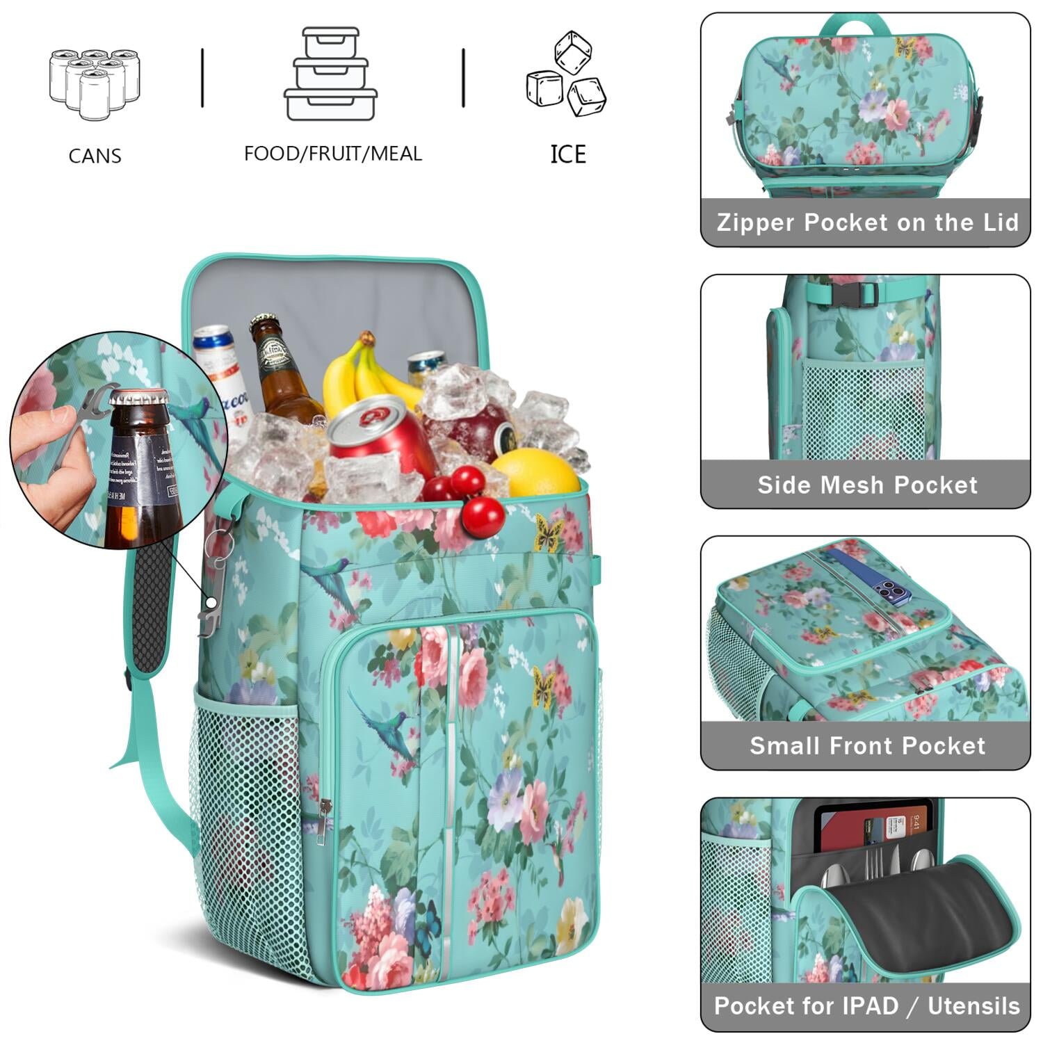 Travel Cooler Bag - Pioneer Flower Floral Print Pattern Camping Beer Cooler Backpack with Bottle Opener- Waterproof Insulated Picnic Backpacks - Cooler Bag for Beach