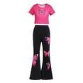 thumbnail image 4 of SGMVNU Girls Fashion 2 Piece Summer Outfit Short Sleeve Crop Top and High Waisted Bell Bottom Flared Pants Streetwear, Size 5-6 Years, Pink, 4 of 4