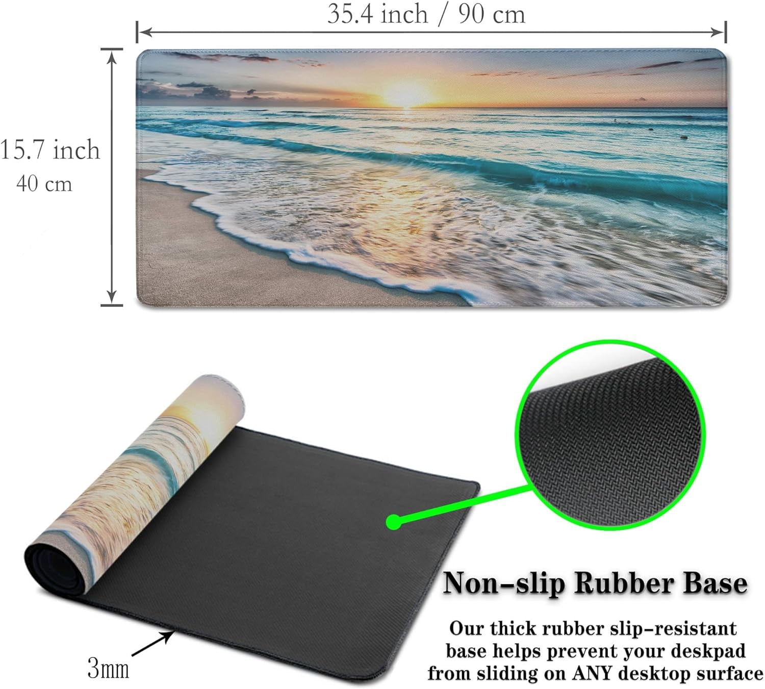 Keyboard Mats Desk Accessories Kit Gaming Mousepad Big Mouse Pads Pc Desk Mat Full Desk Mat Waterproof Non-Slip Rubber Base 35.4" X 15.7" for Game Office, Beach Sunset Ocean Waves