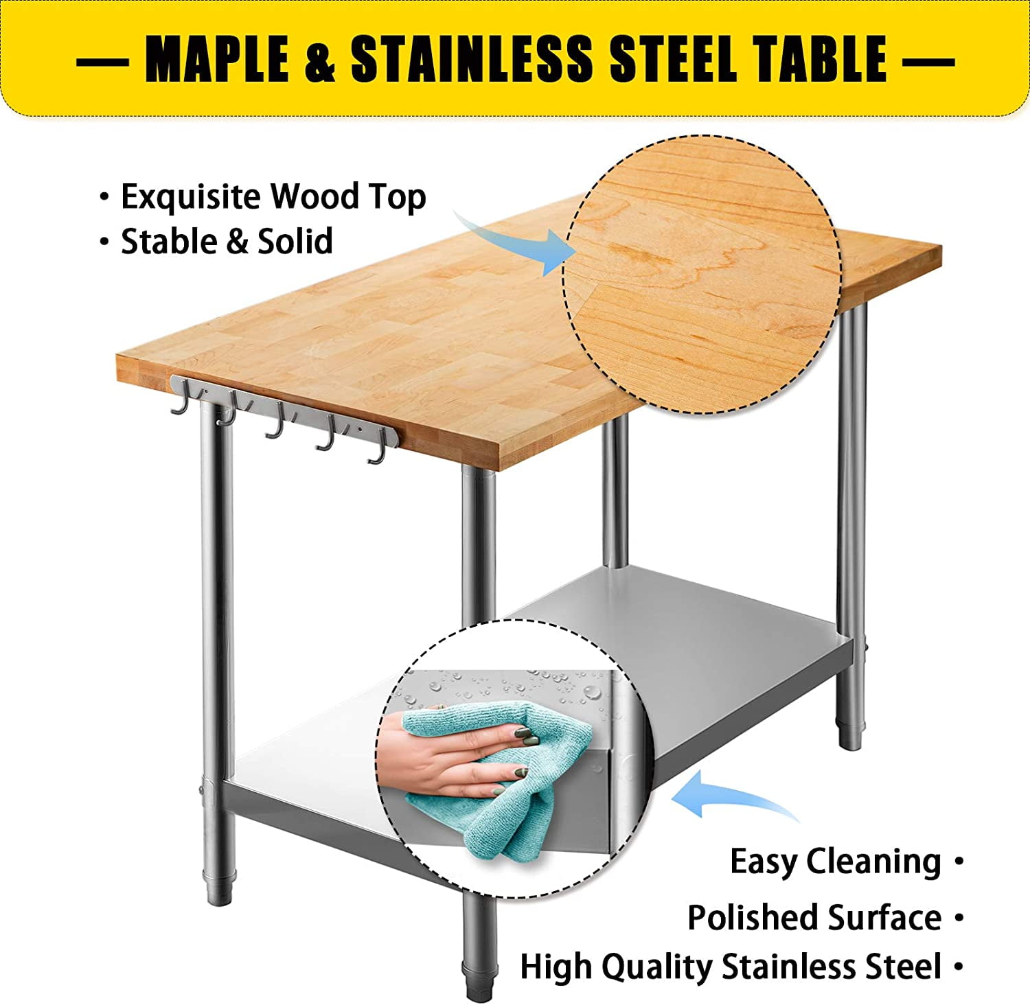 1.5 Inch Thick Kitchen Maple Table with Lower Shelf and Feet Stainless Steel Table for Home and Kitchen VEVOR Maple Top Work Table 48 x 24 Inches Stainless Steel Kitchen Prep Table Wood 