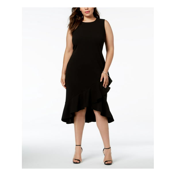 CALVIN KLEIN Womens Black Ruffled Zippered Sleeveless Jewel Neck Below The  Knee Hi-Lo Party Dress Size 22W 