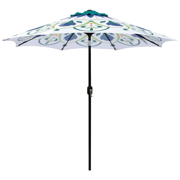 Abble Outdoor 9ft Patio Umbrella with Crank Handle and Push Button Tilt, Outdoor Market Umbrella with 8 Ribs, Printed Patio Umbrella
