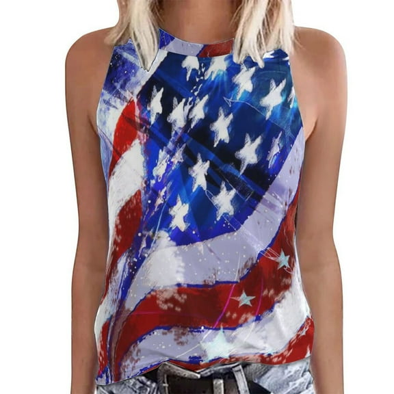 QLEICOM Womens Tank Tops Independence Day Print Crewneck Sleeveless Vest Loose Fit Basic Casual Summer Sleeveless Shirts A S, US Size:4