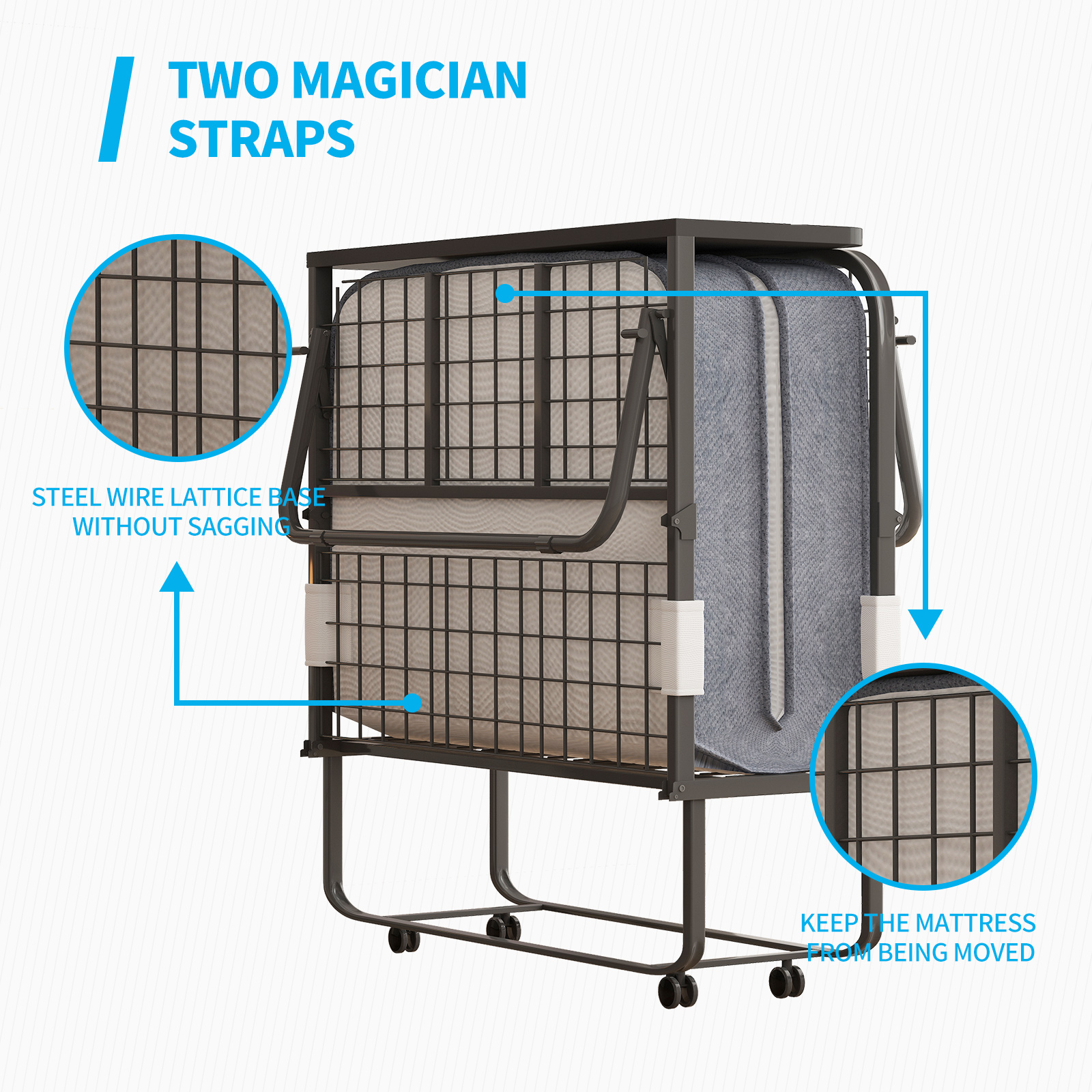 Mjkone Folding Bed with Mattress, Fold Up Bed for Small Space, Foldable Bed with Lockable Wheels