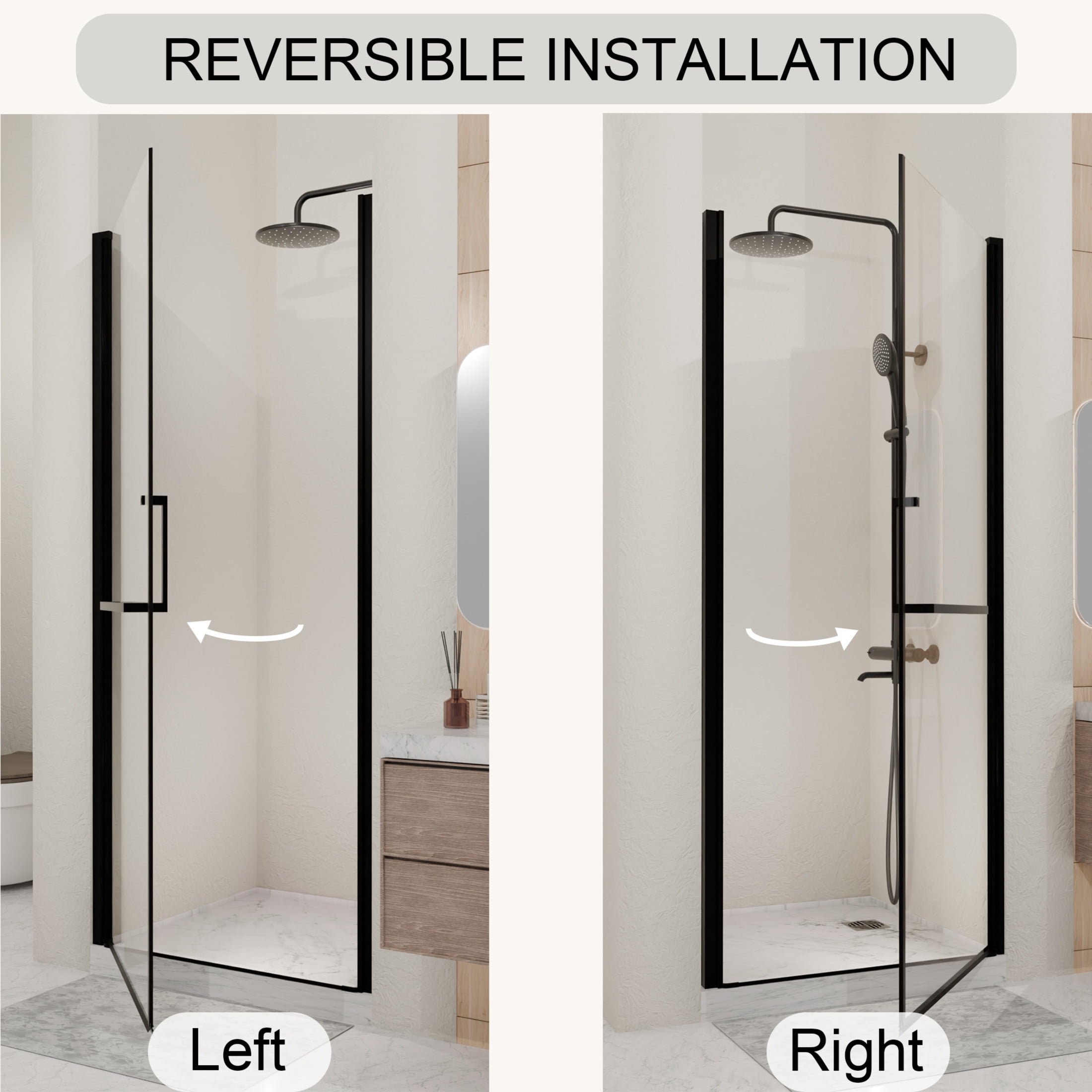 Noble House 29" Semi-Frameless Pivot Shower Door, Tempered Clear Glass, Reversible Adjustable Width, Matte Black