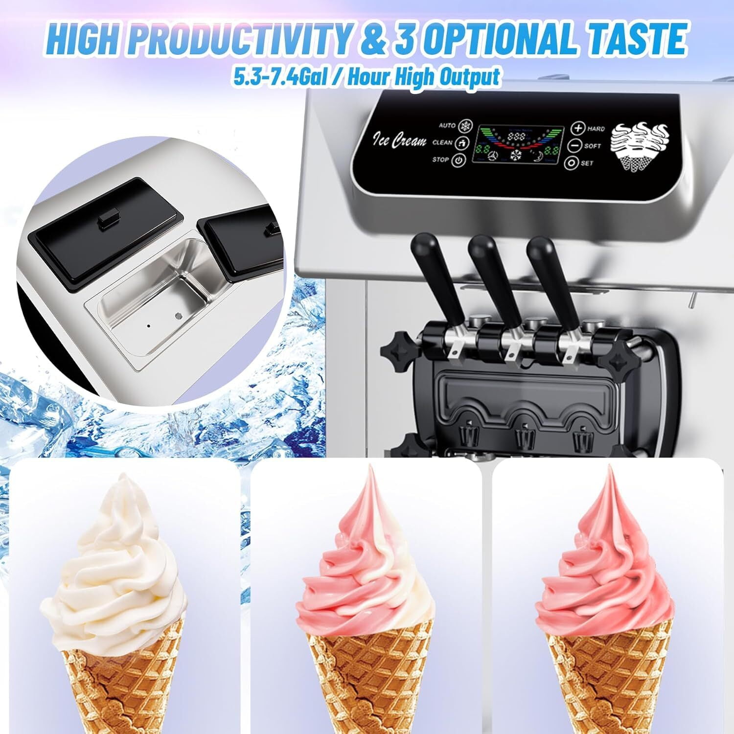 Sakiyr Commercial Ice Cream Maker Machine, 5.8-8 Gal/Hr Yield,2+1 Flavors Soft Serve Machine with Two 7L Hoppers, LCD Touch Screen, Automatic Cleaning for Home Snack Bar & Restaurants