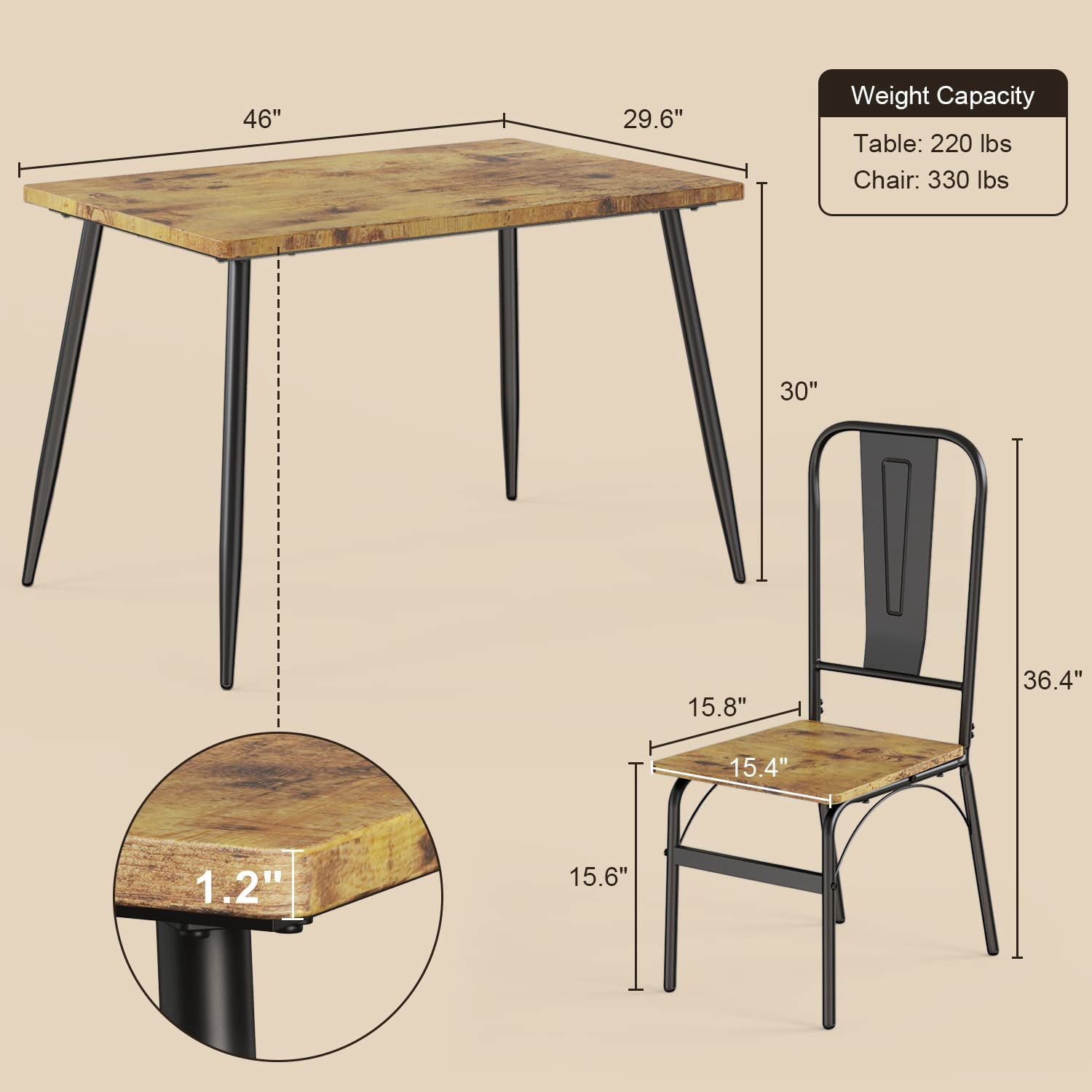 Lofka Dining Table Set for 4, 5 Piece Kitchen Table and Chairs Set for Small Spaces,Soft Seat,Modern Dining Furniture Set,Retro Brown