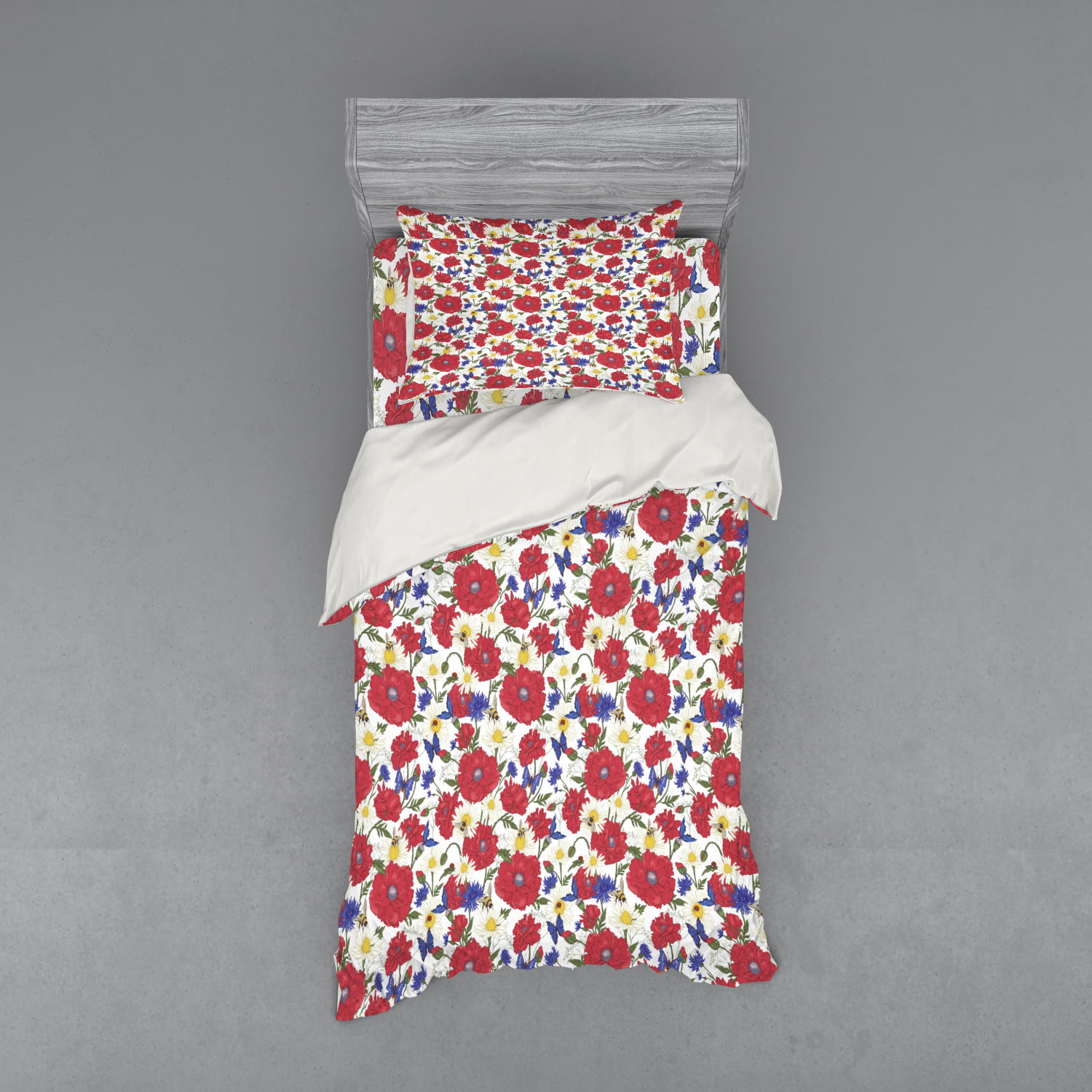 Floral Duvet Cover Set Blooming Red Poppies Chamomile Ladybird
