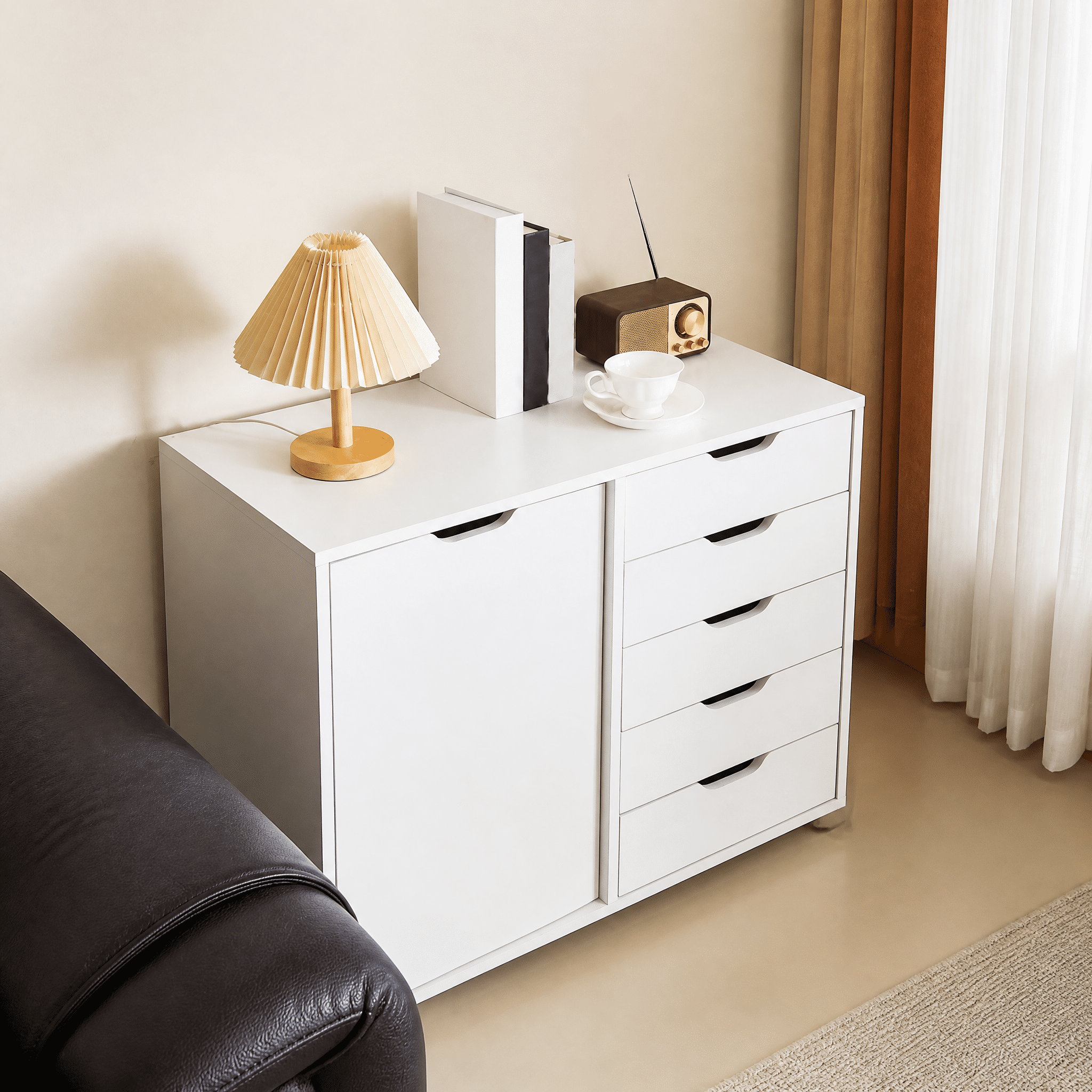 Mobile Printer Stand Storage Cabinet with 5 Drawers & Enclosed Cabinet, Rolling Wheeled Chest of Drawers for Home Office Living Room, Max Load 100lbs