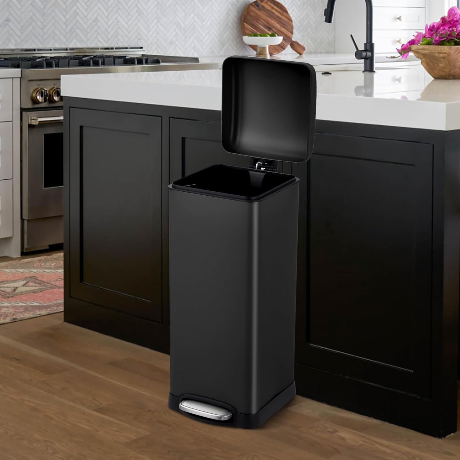 Huisuilinss 8 Gallon/ 30L Trash Can,Kitchen Trash Can with Lid,Step Trash Bin Fingerprint-Proof For Office Bedroom Bathroom Brushed Stainless Steel Garbage Can