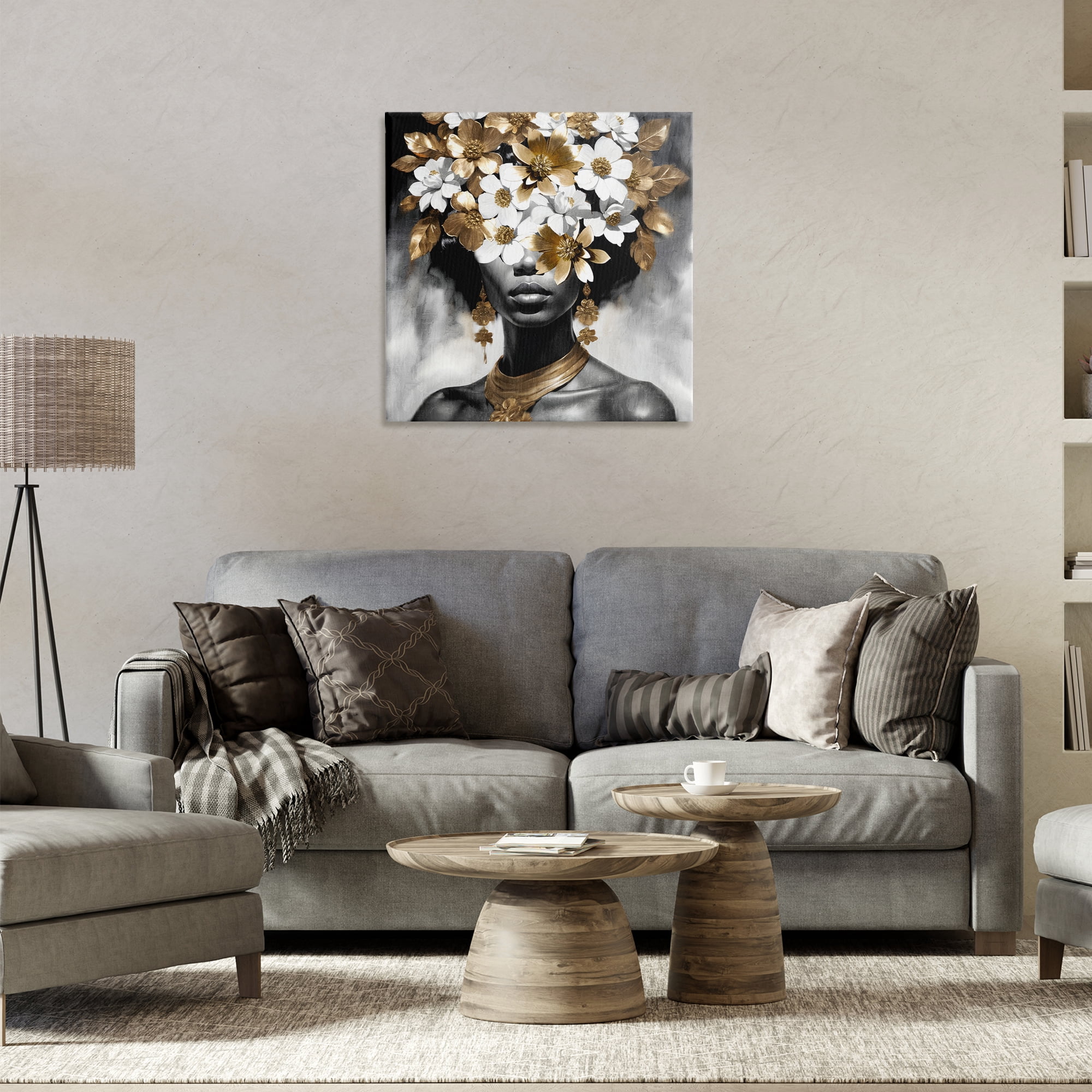 Stupell Industries Woman & Gold Flowers People Painting Wrapped Canvas Art Print Wall Art, 24 x 24