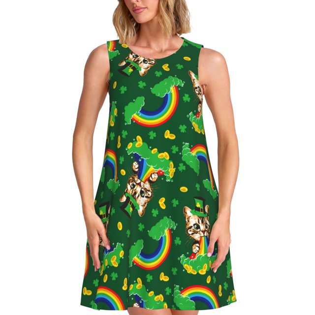Disketp Cat St Patrick's day para Vestido sin Mangas para Mujeres, Vestidos de Verano para Mujeres, Casual y Holgado para la Playa