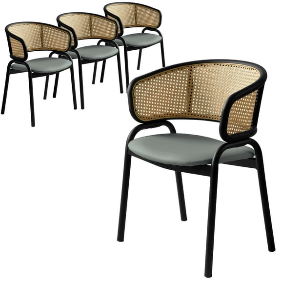 LeisureMod Dining Chair Upholstered in Leather with Curved Wicker Back Armchair and Black Powder-Coated Stainless Steel Frame and Legs for Modern Home, Kitchen Ervilla Collection in Grey