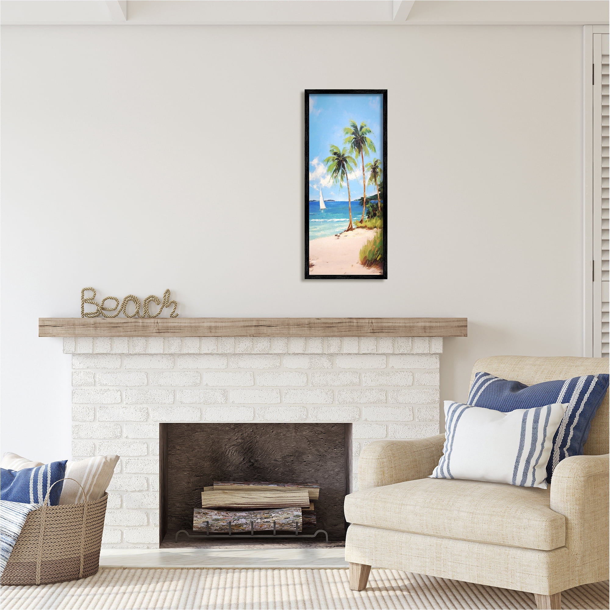 Stupell Industries Palm Trees & Sailboat Landscape Painting Black Framed Art Print Wall Art, 13 x 30