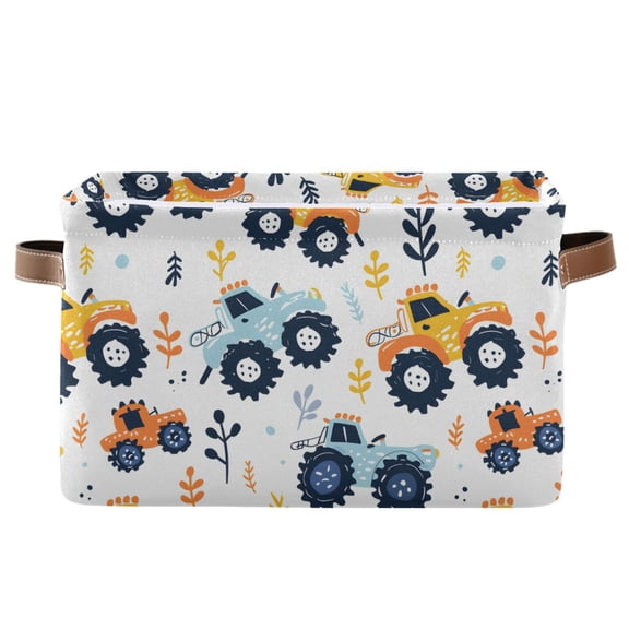 Storage Bins with Handle Fabric Organizer Basket Foldable Box 1 Pack Cartoon Monster Truck 14.2x10.2x8.3