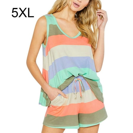 

ELENXS 2pcs Pajama Set Striped Summer Shorts Woman Sleepwear Nightwear